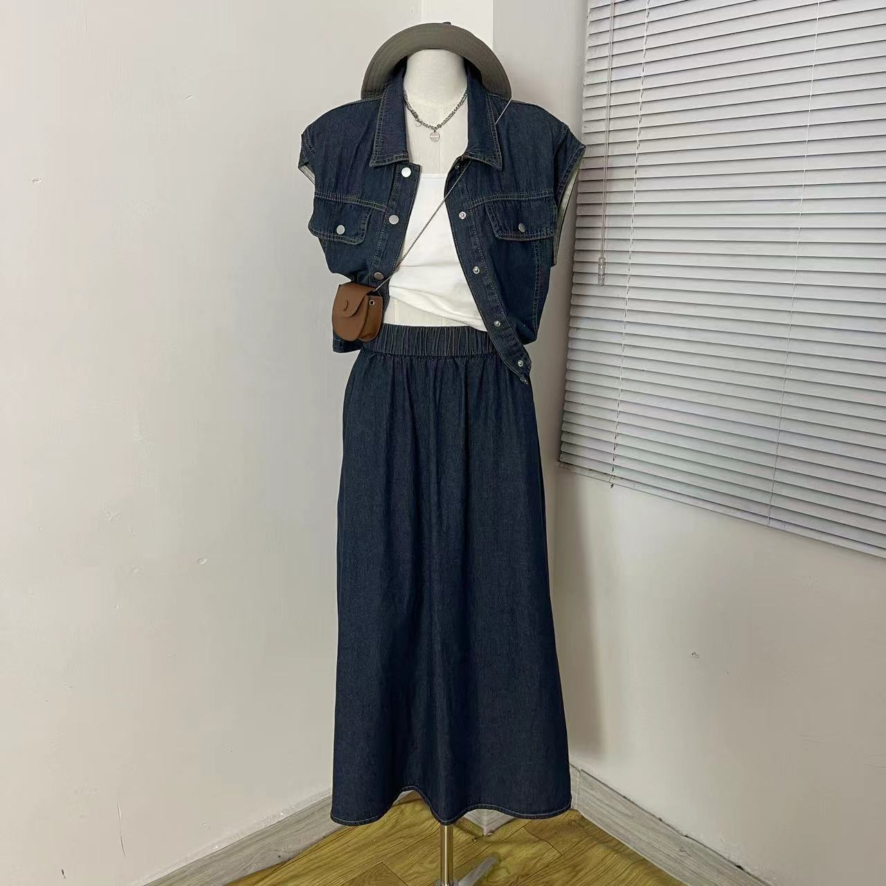 keke定制韩国东大门夏季新款时尚显瘦简约休闲飞袖显瘦牛仔套装裙