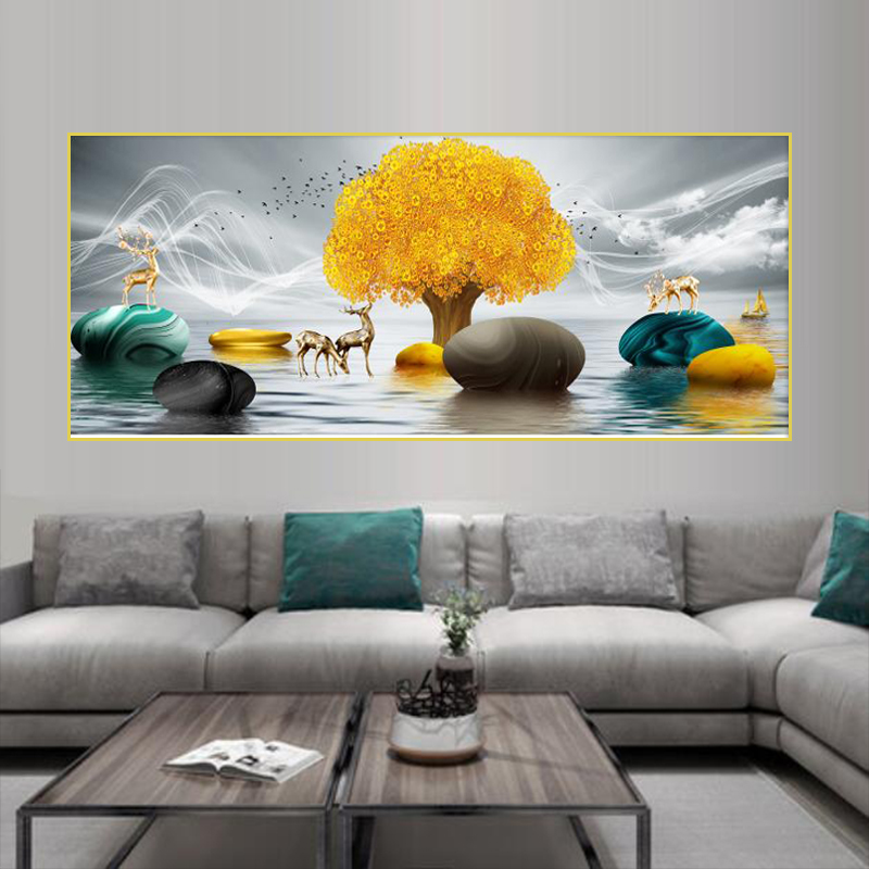 新中式横版山水风景客厅装饰画沙发背景晶瓷挂画
