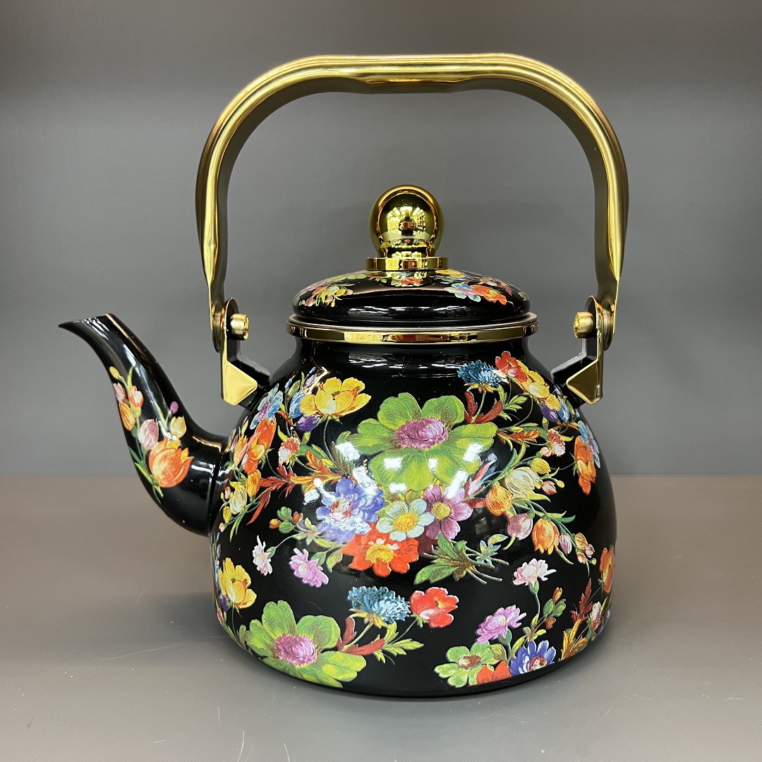 1.2L黑底七彩花珐琅搪瓷加厚带滤网烧水壶煮茶壶家用油壶醋壶