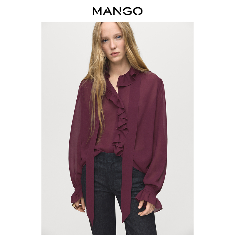 MANGO女装衬衫2025秋装新款法式气质圆领系带荷叶边喇叭袖衬衫