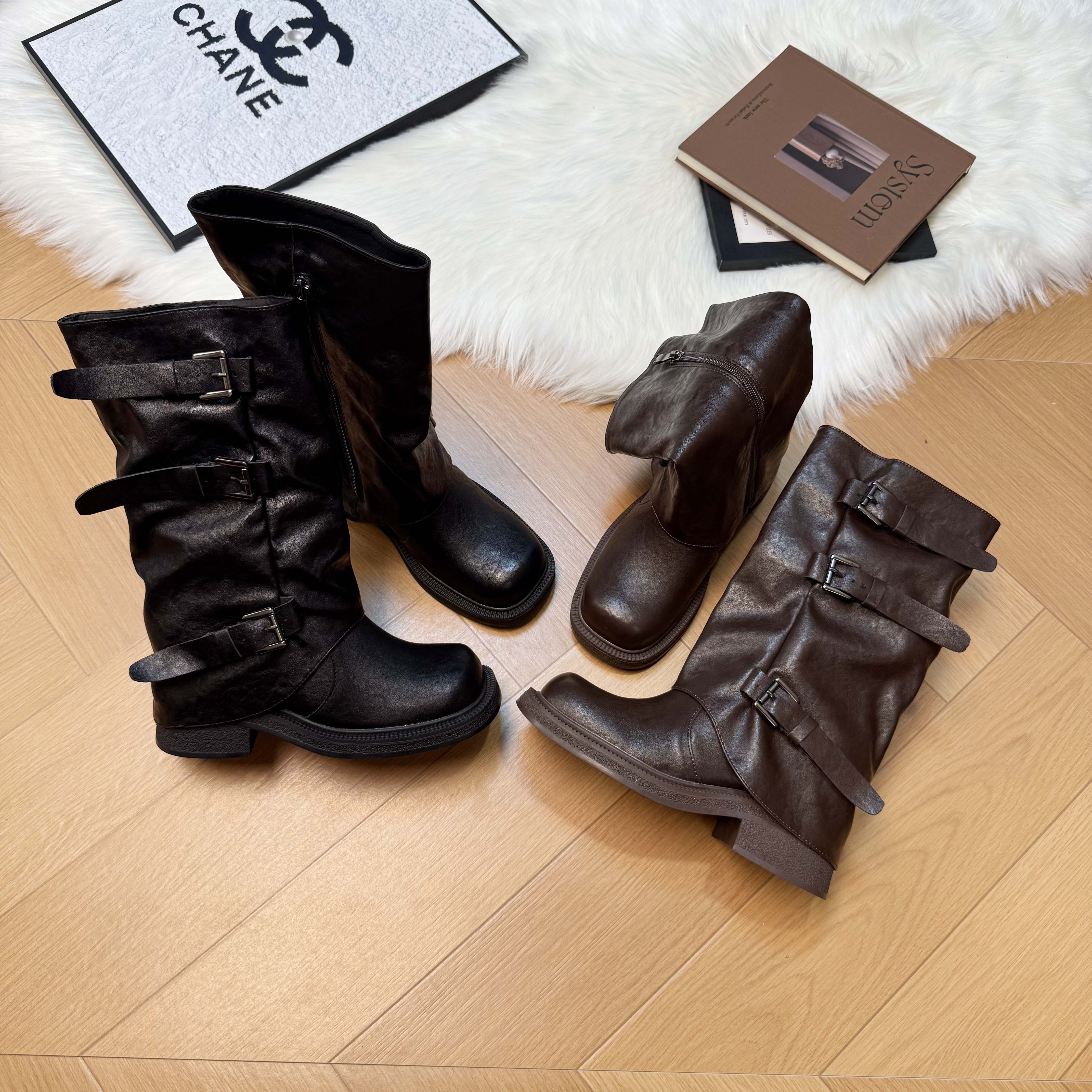 10cm内增高复古粗跟裤管靴英伦风2025秋冬新款靴子小个子中筒女靴