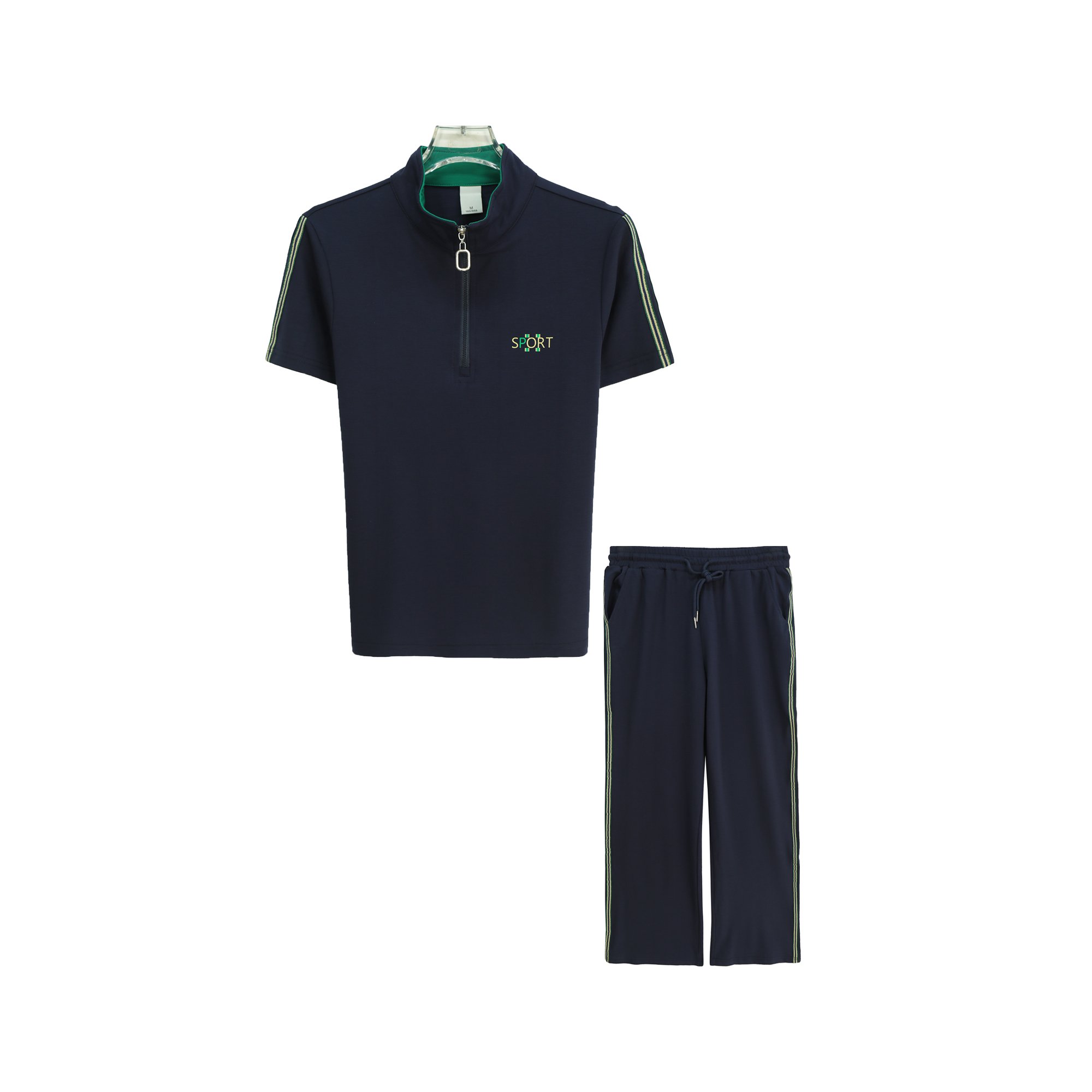 拼色拉链小立领舒适短袖休闲裤套装S1431