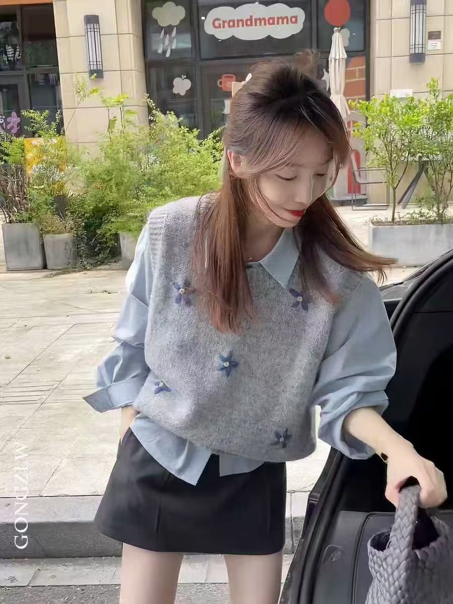 2025春装新款女装两件套韩式学院风马夹法式提花针织马甲休闲衬衫
