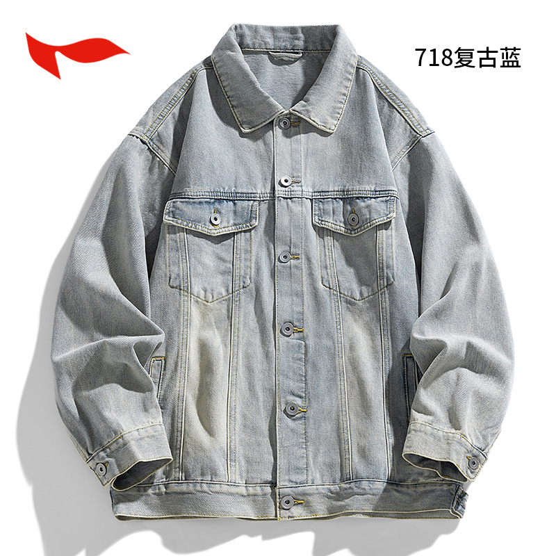 FLYMAN/李宇美式牛仔外套男春秋季休闲宽松夹克复古百搭翻领上衣