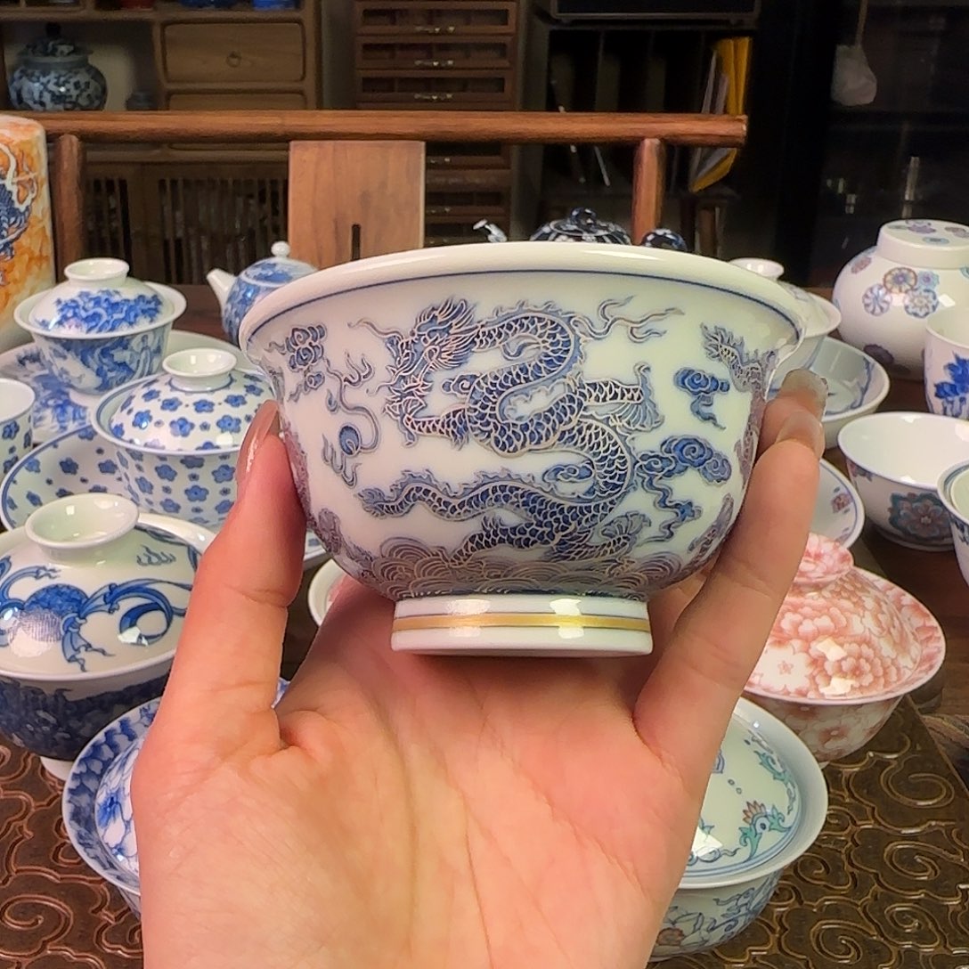 描金银点工龙纹压手杯手绘