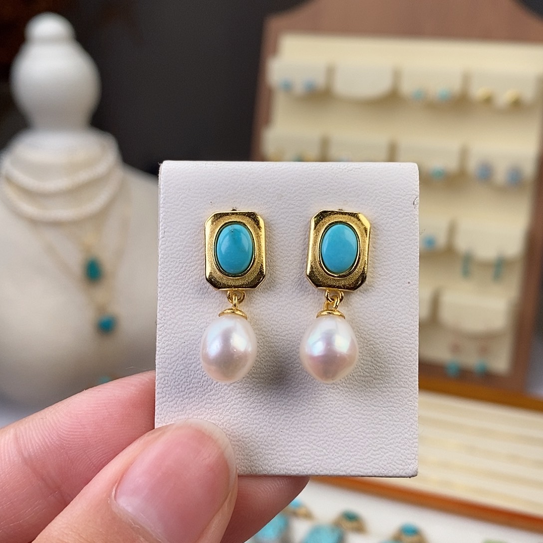 绿松石耳饰银S925镶嵌