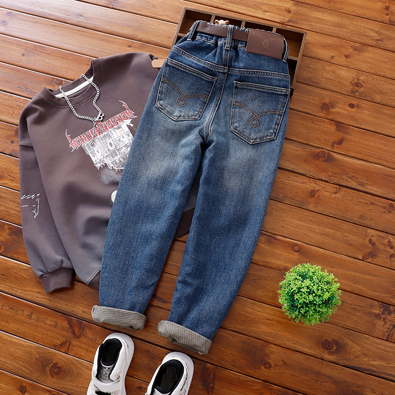 男童蓝色瘦版牛仔裤中大童秋冬一体绒裤子加绒修身小脚裤洋气长裤