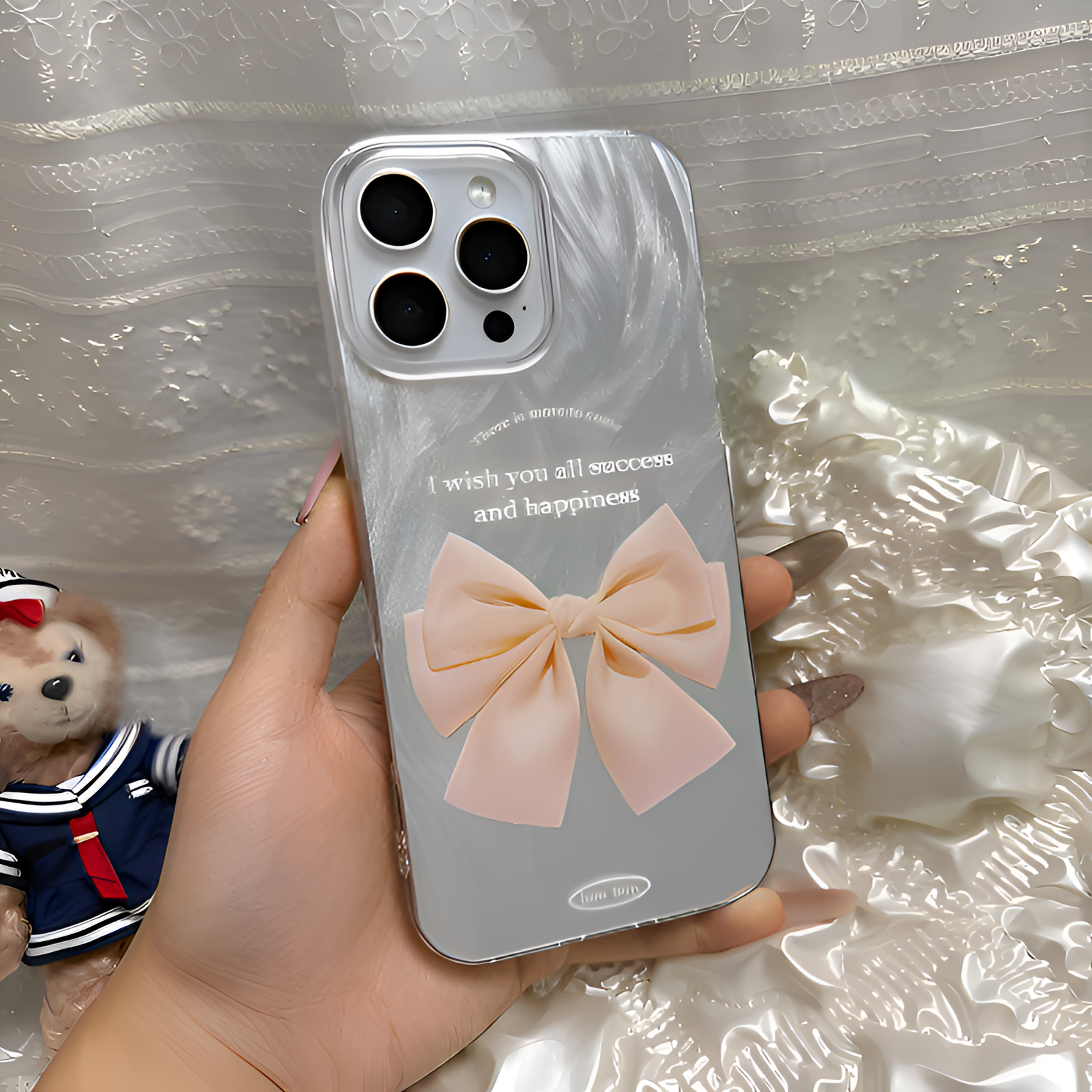 粉粉蝴蝶结羽纱壳大孔透明全包式手机壳iPhone12/13Promax/15