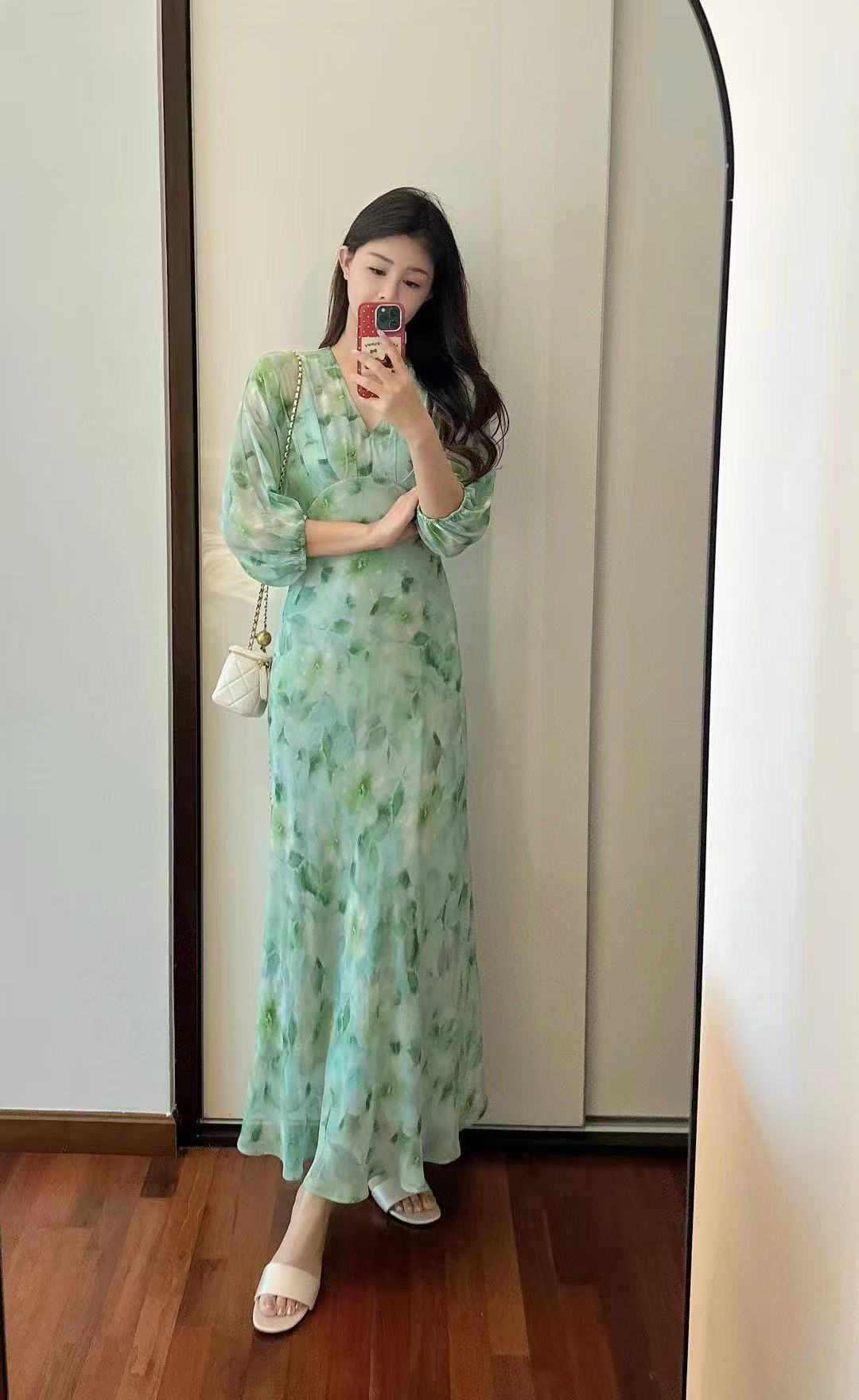 六月古着Vintage长裙法式中袖褶皱开叉连衣裙印花绿色国风