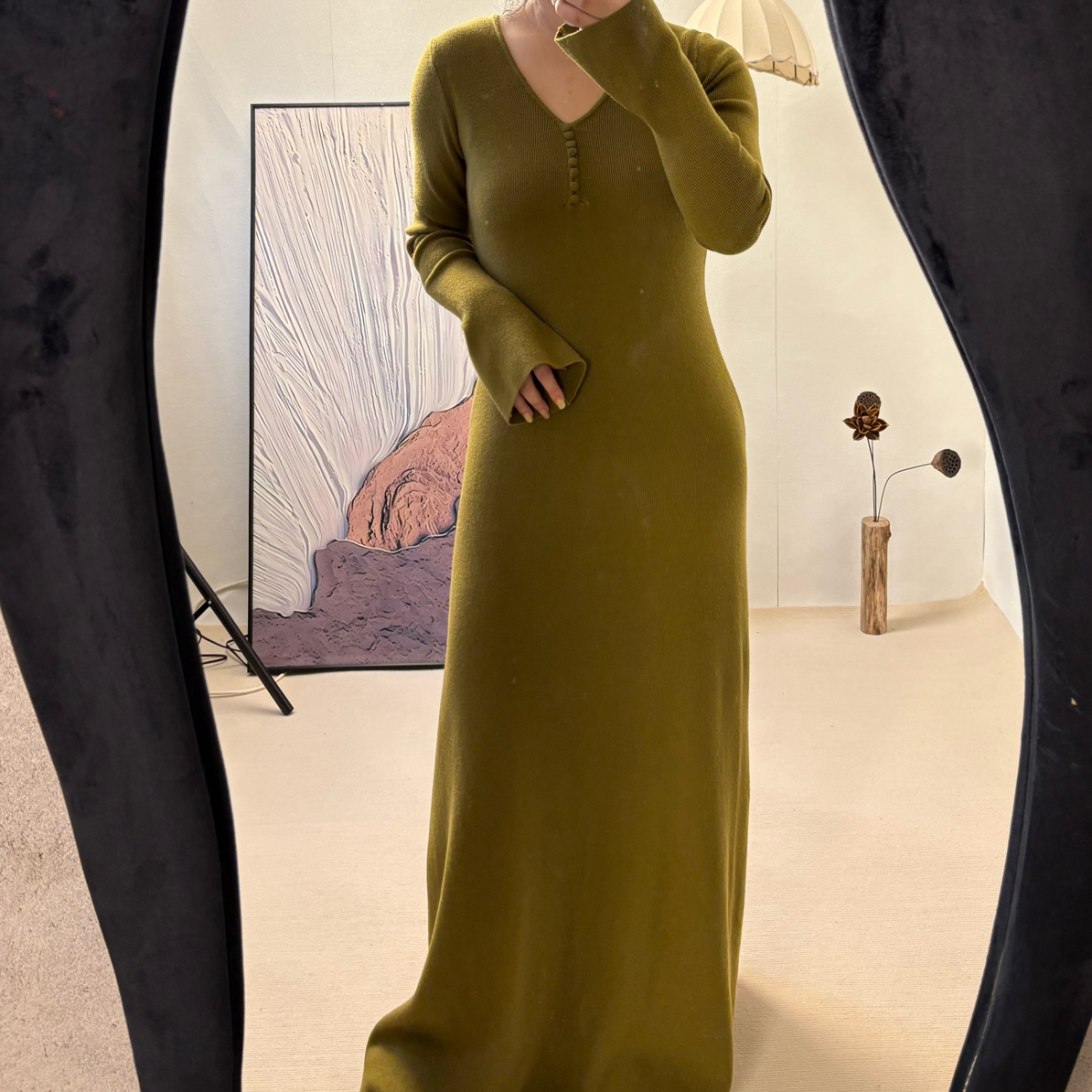 复古V领针织长款连衣裙秋冬保暖百搭休闲套头长袖纯色长裙