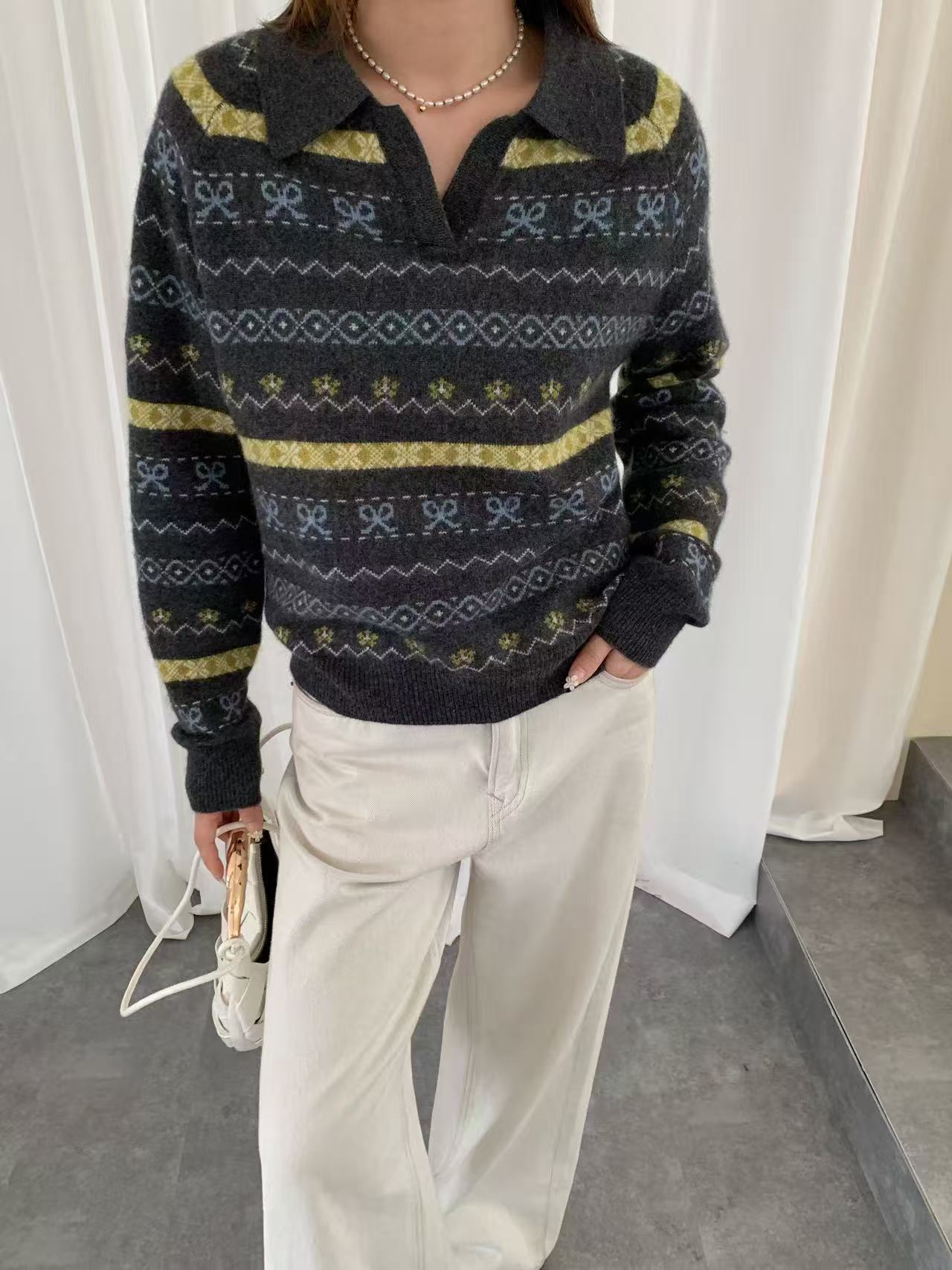 山羊绒费尔岛复古提花V领长袖休闲复古宽松韩版长袖女装秋冬毛衫