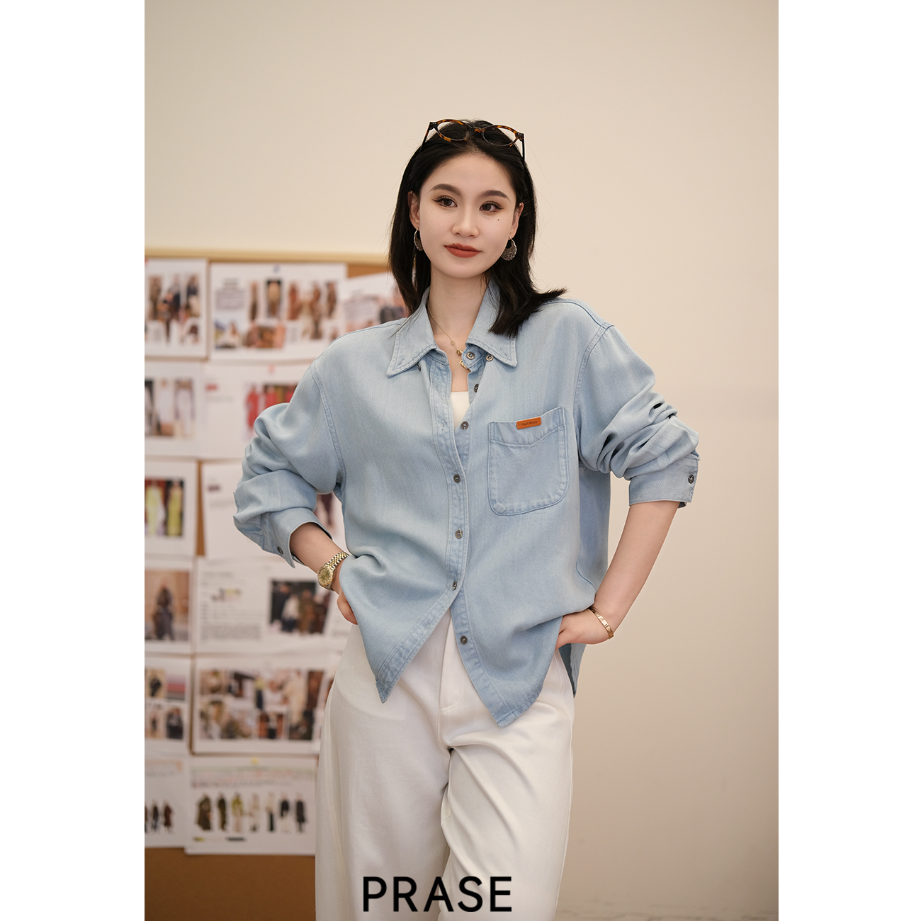 PRASE·噜【丹宁衬衫】100天丝微胖轻奢设计款秋女翻领衬衫PR507E15
