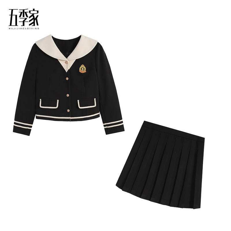 黑色羽绒上衣+黑色百褶裙两件套ZL114154短款