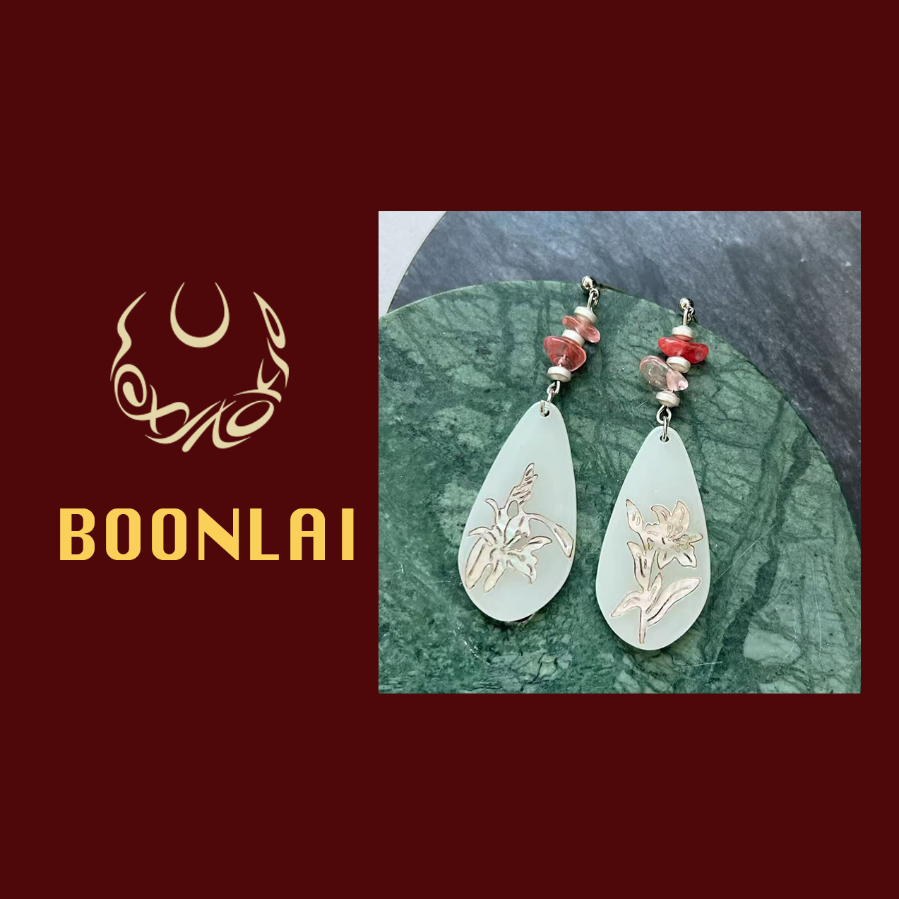 铜合金耳饰 Boonlai 新中式粉色串珠贝贝水滴耳环176