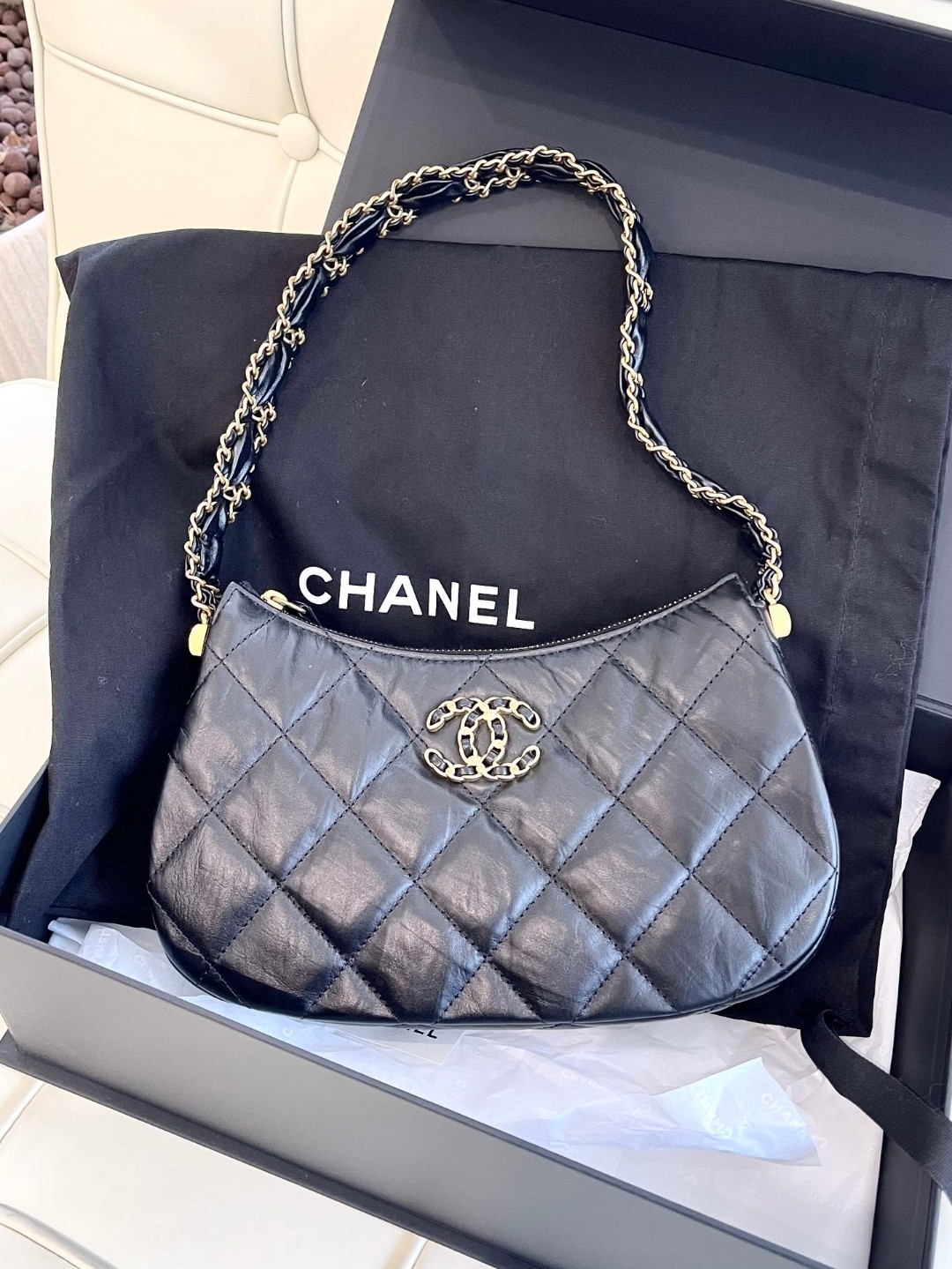 99新 Chanel/香奈儿 117795 香奈儿23k黑金Hobo 最宽处 23cm