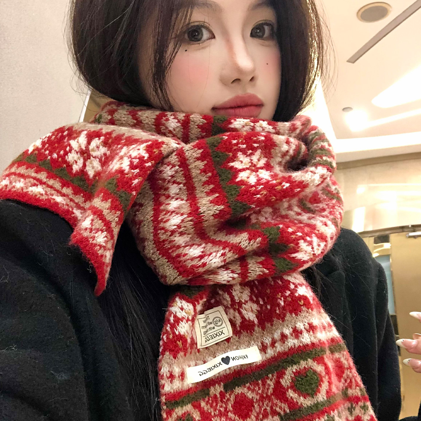 费尔岛复古红色提花针织围巾女秋冬季加厚保暖防寒高级感毛线围脖