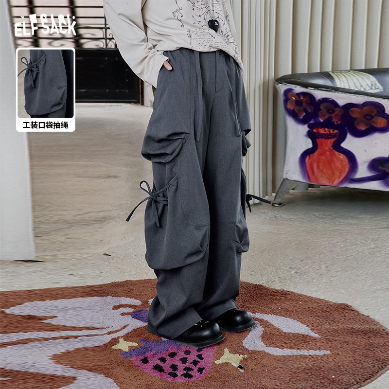 妖精的口袋灰色工装风休闲西装裤女2025年春季新款宽松设计感裤子
