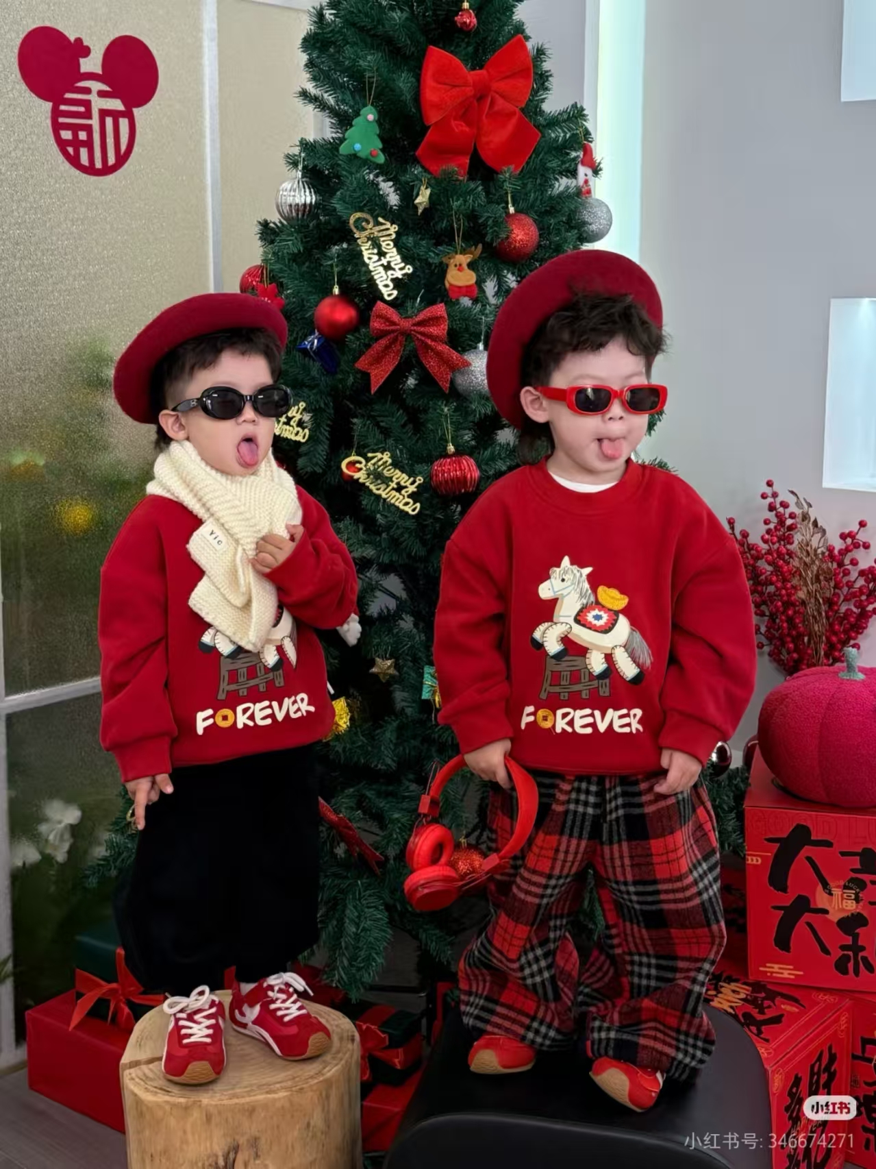 【马上有钱】亲子装卡通男女童厚款卫衣套头运动风喜庆