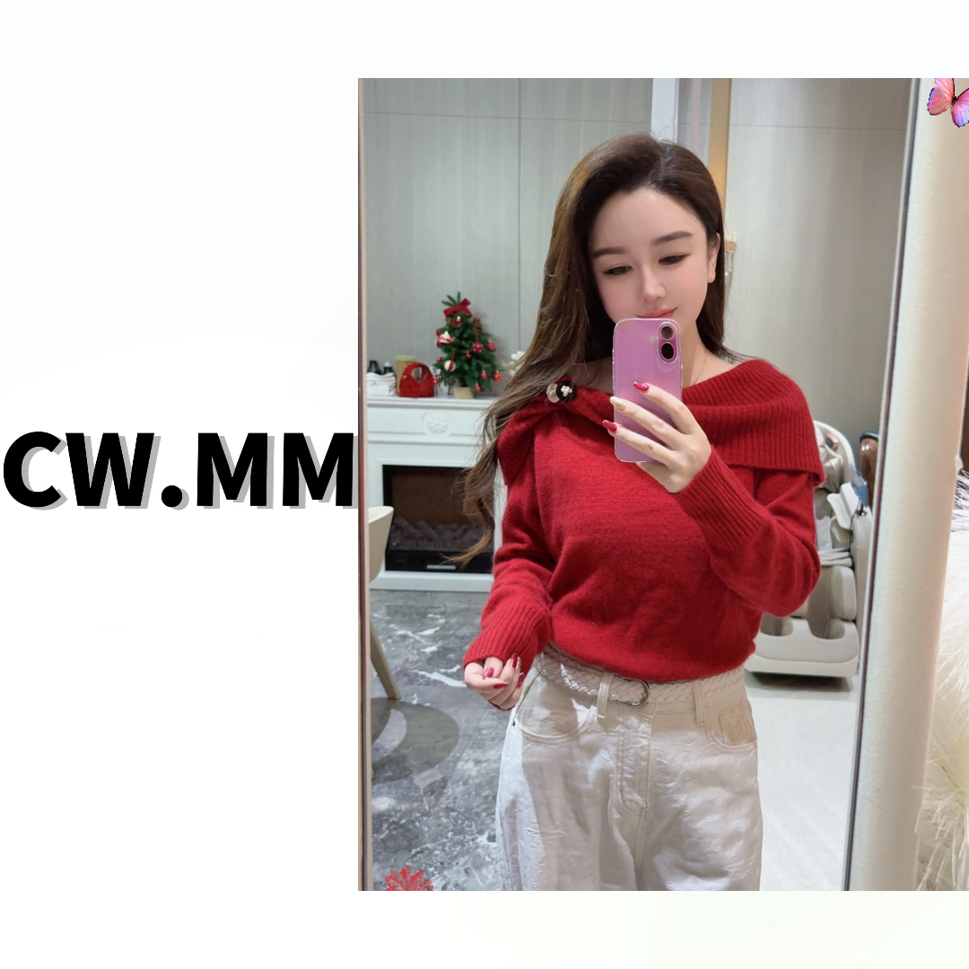CW.MM 法式一字领宽松绵羊毛保暖洋气毛衣上衣