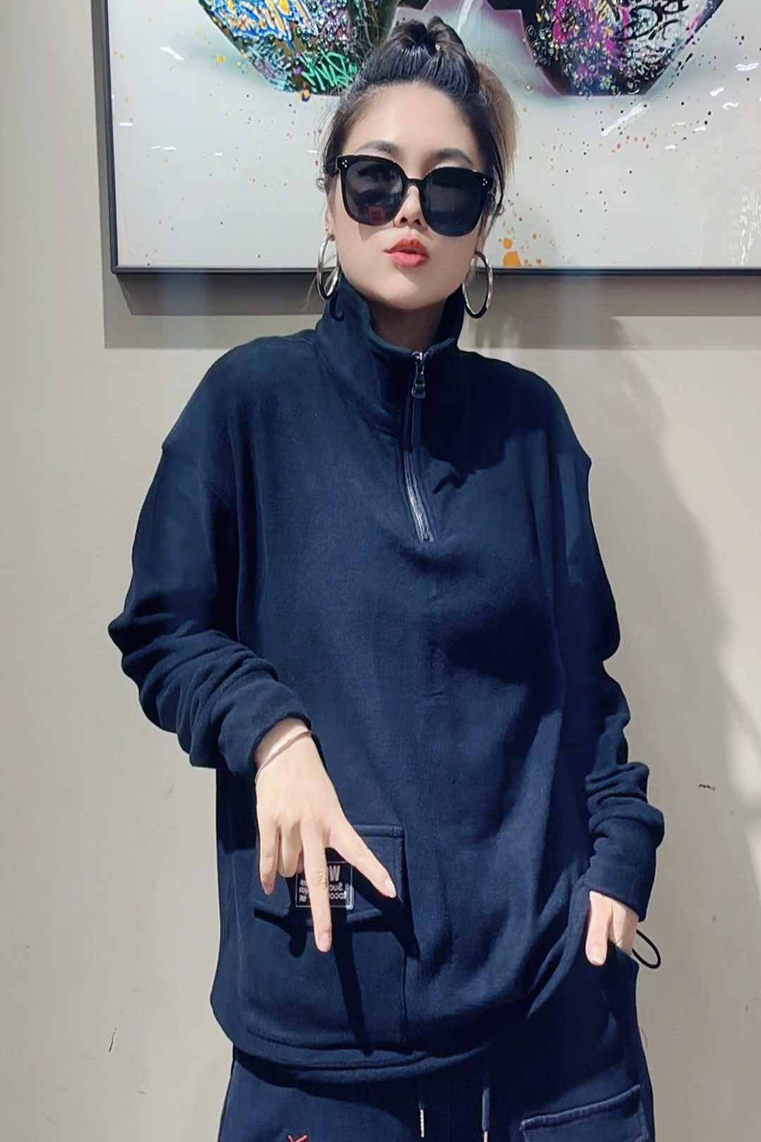 潮牌女装冬款双面德绒立领黑色打底大码宽松打底