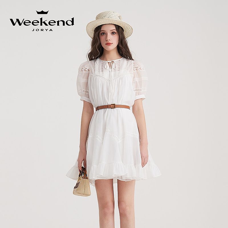 卓雅周末夏季领绣花泡泡袖蕾丝网纱连衣裙WJWEBW07