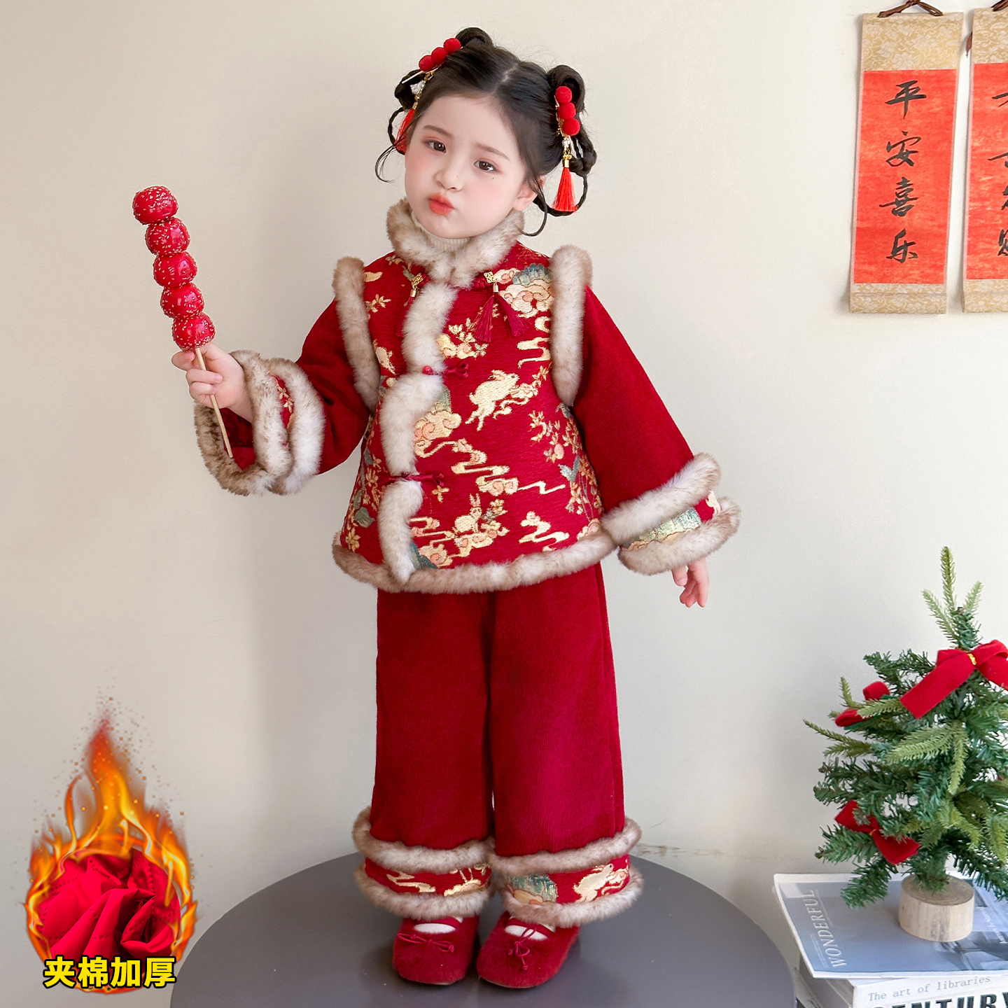 女童拜年服秋冬汉服儿童唐装红色汉服女宝宝加绒元旦新中式演出服