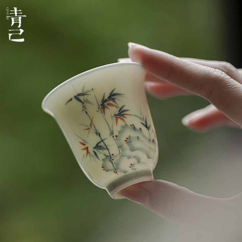 青己白瓷薄胎手绘茶杯功夫茶具家用釉下彩竹子品茗杯文人器单杯