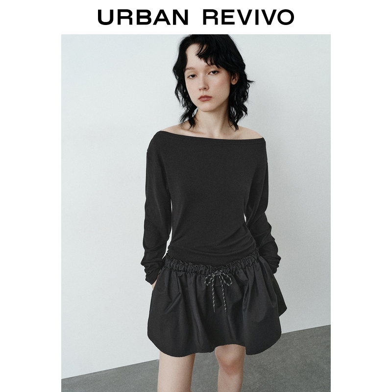 UR2025秋季新款女装时髦拼接斜肩领收腰短款连衣裙UYV750084