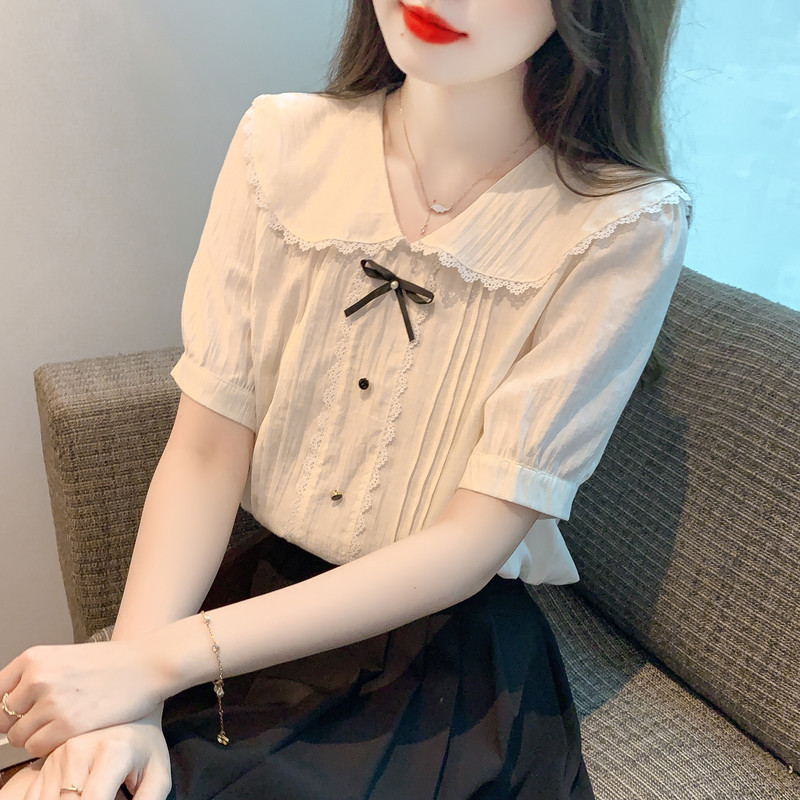 法式短袖衬衫女2025年夏季新款设计感减龄娃娃领上衣漂亮别致小衫