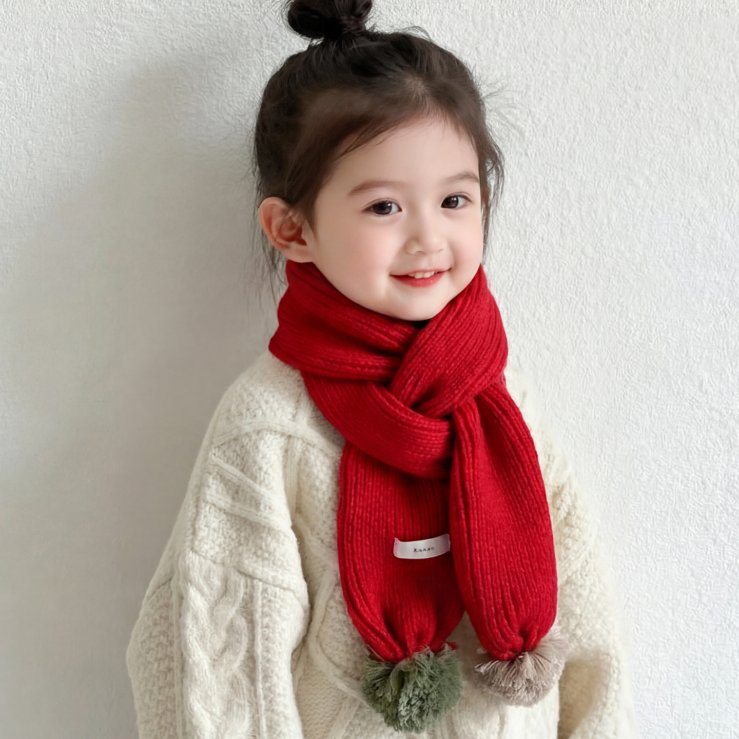 儿童围巾秋冬季女童针织毛线围脖男童纯色圣诞新年加长款围巾毛球