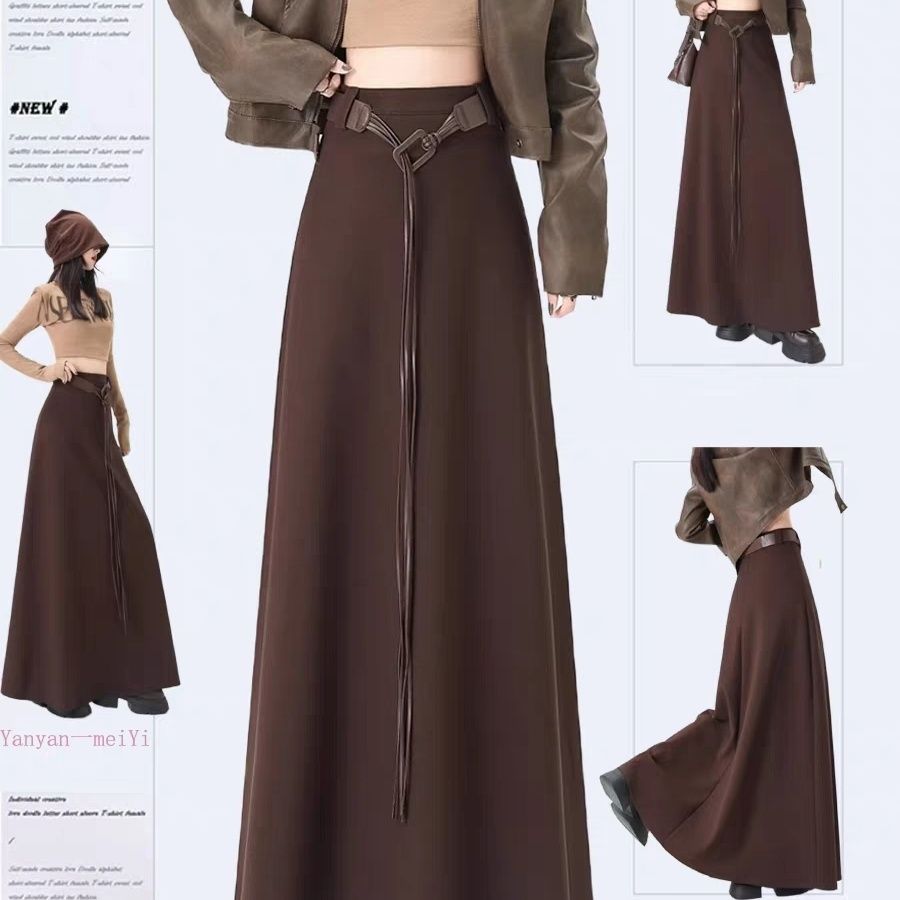 加绒加厚新款美拉德复古气质百搭高腰显瘦A字版长款半身裙配腰带