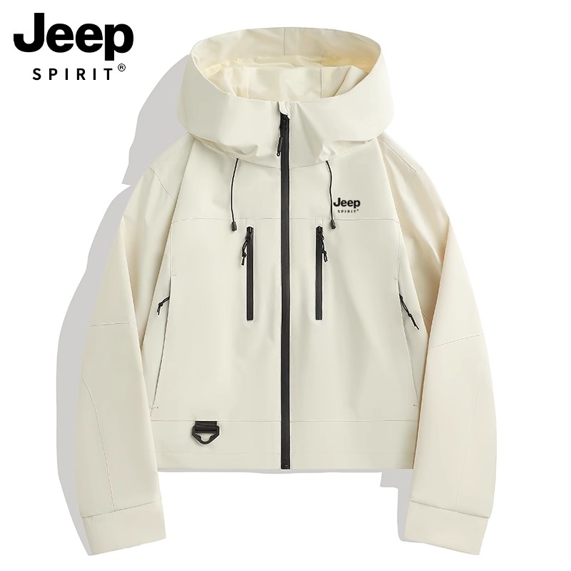 JEEPSPIRIT短款冲锋衣女新款春秋季户外超好看防风白色外套男士