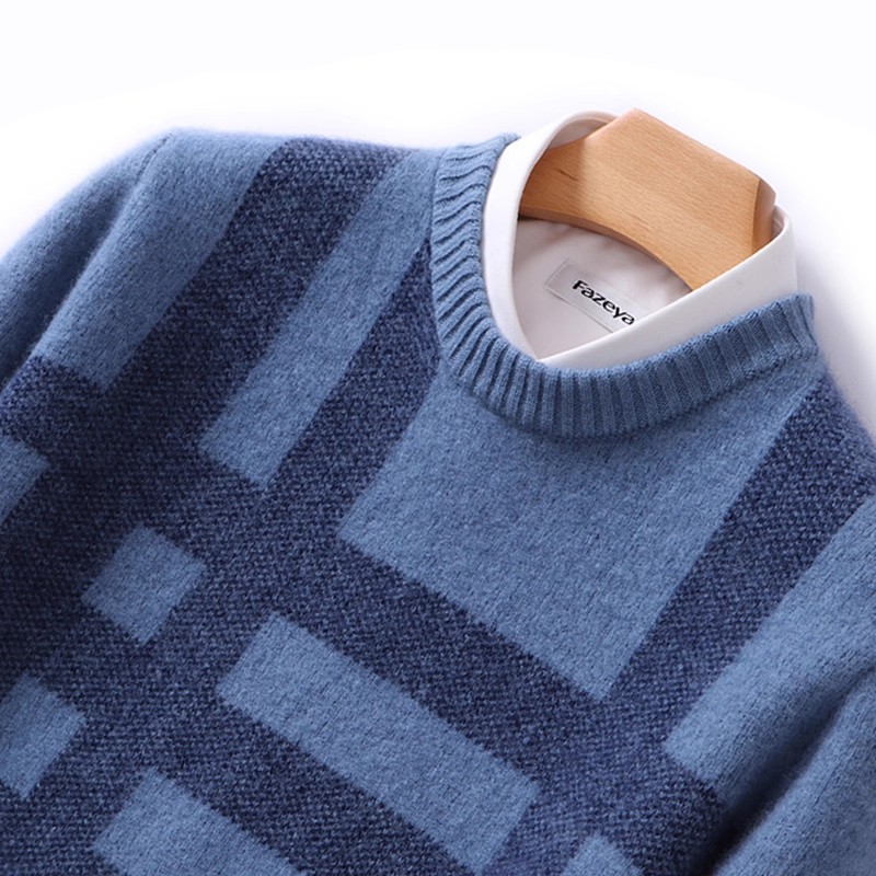 羊毛衫男士圆领拼色针织提花休闲套头毛衣百搭宽松商务保暖打底衫