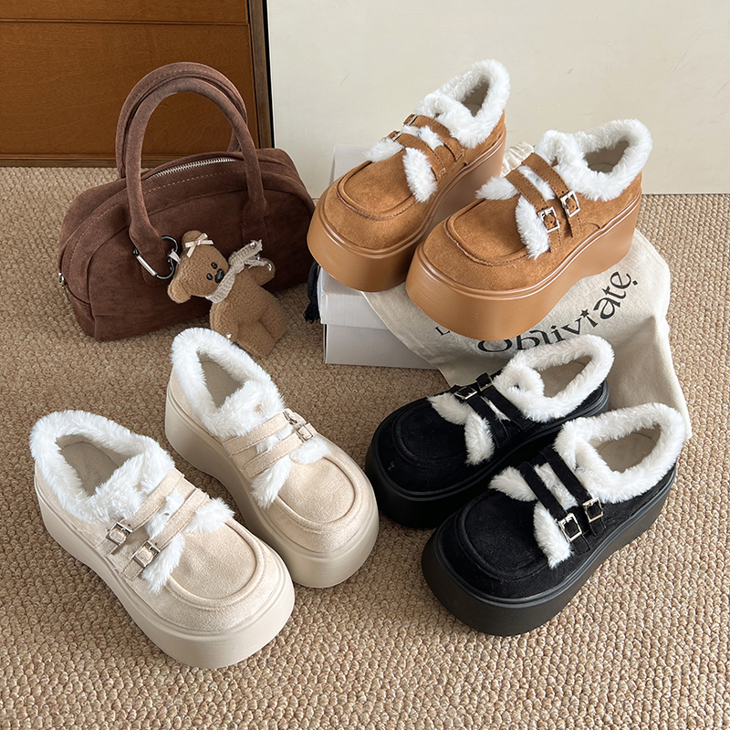 厚底加绒豆豆勃肯鞋女2025新款秋冬季乐福小皮鞋棉鞋子毛毛雪地靴