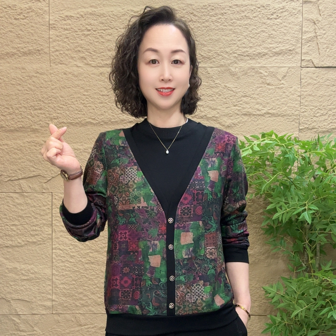 妈妈装秋季长袖新款时尚宽松气质中老年假两件小衫休闲百搭上衣女
