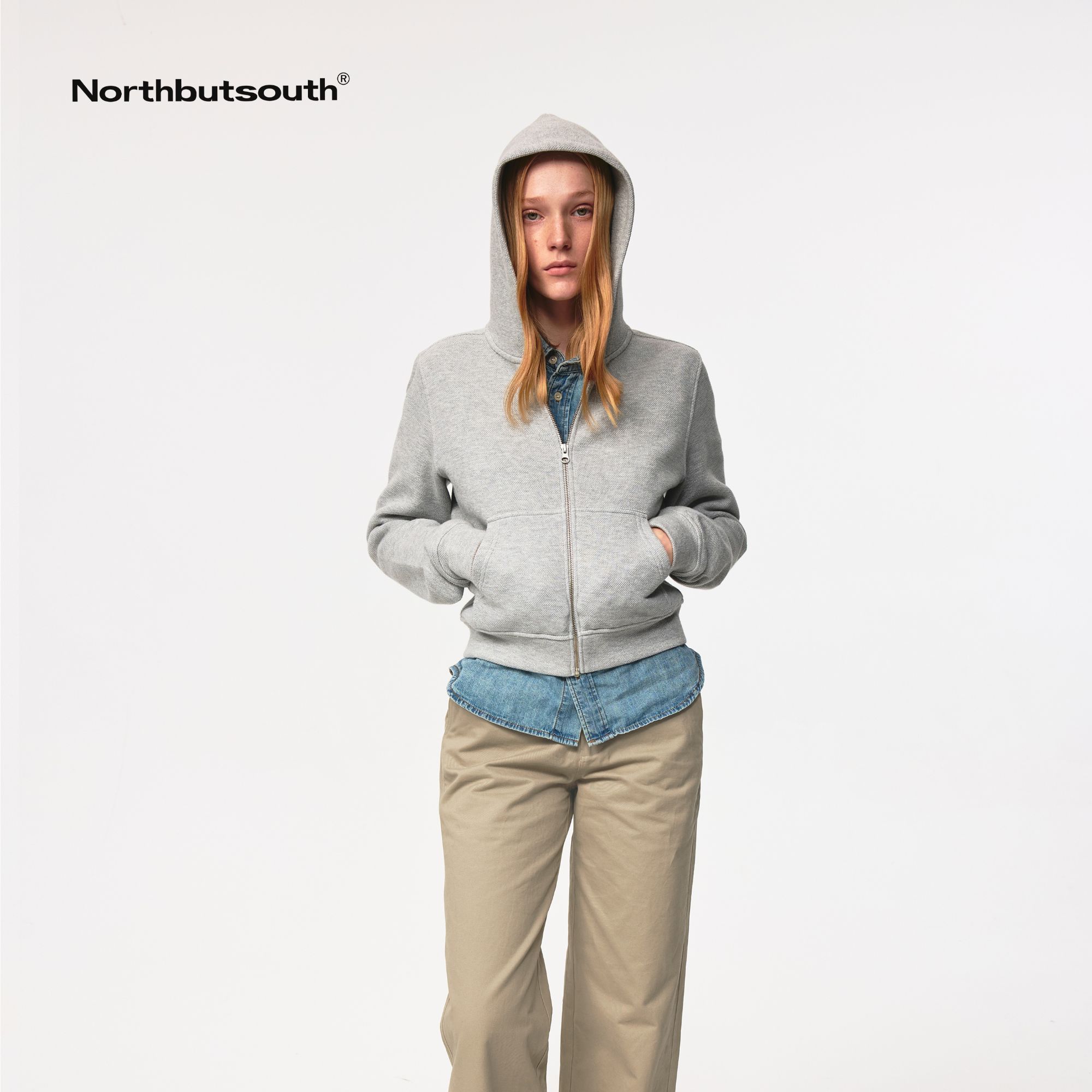 Northbutsouth 提花针织经典空气层修身收窄连帽短款卫衣