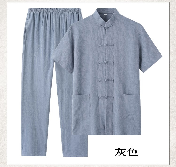 唐装男夏装中国风中式衣服棉麻提花短袖上衣夏季父亲男装爸爸套装