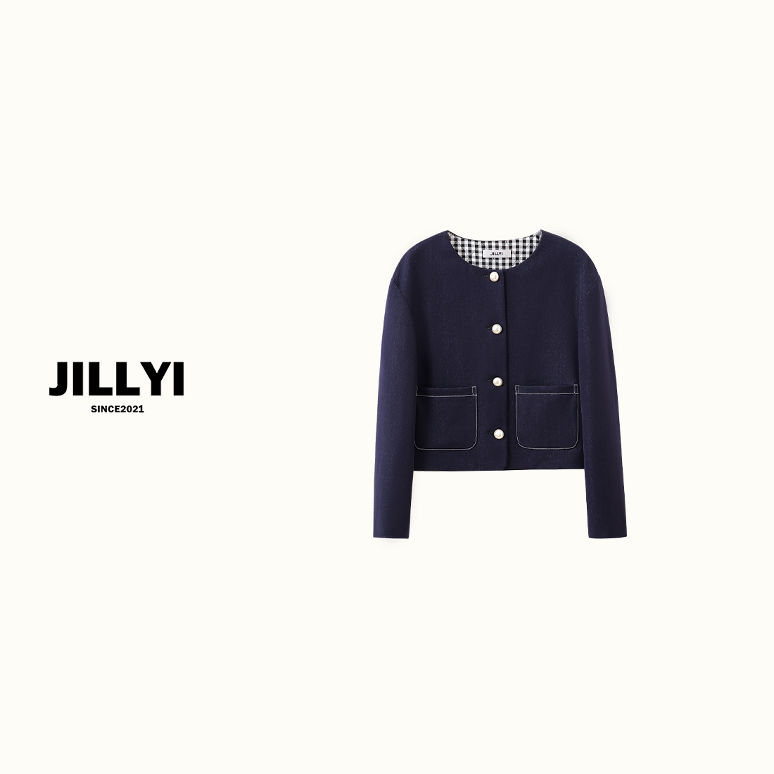 jillyi【夜航西飞】深蓝色圆领单排扣气质复古港风时尚简约外套