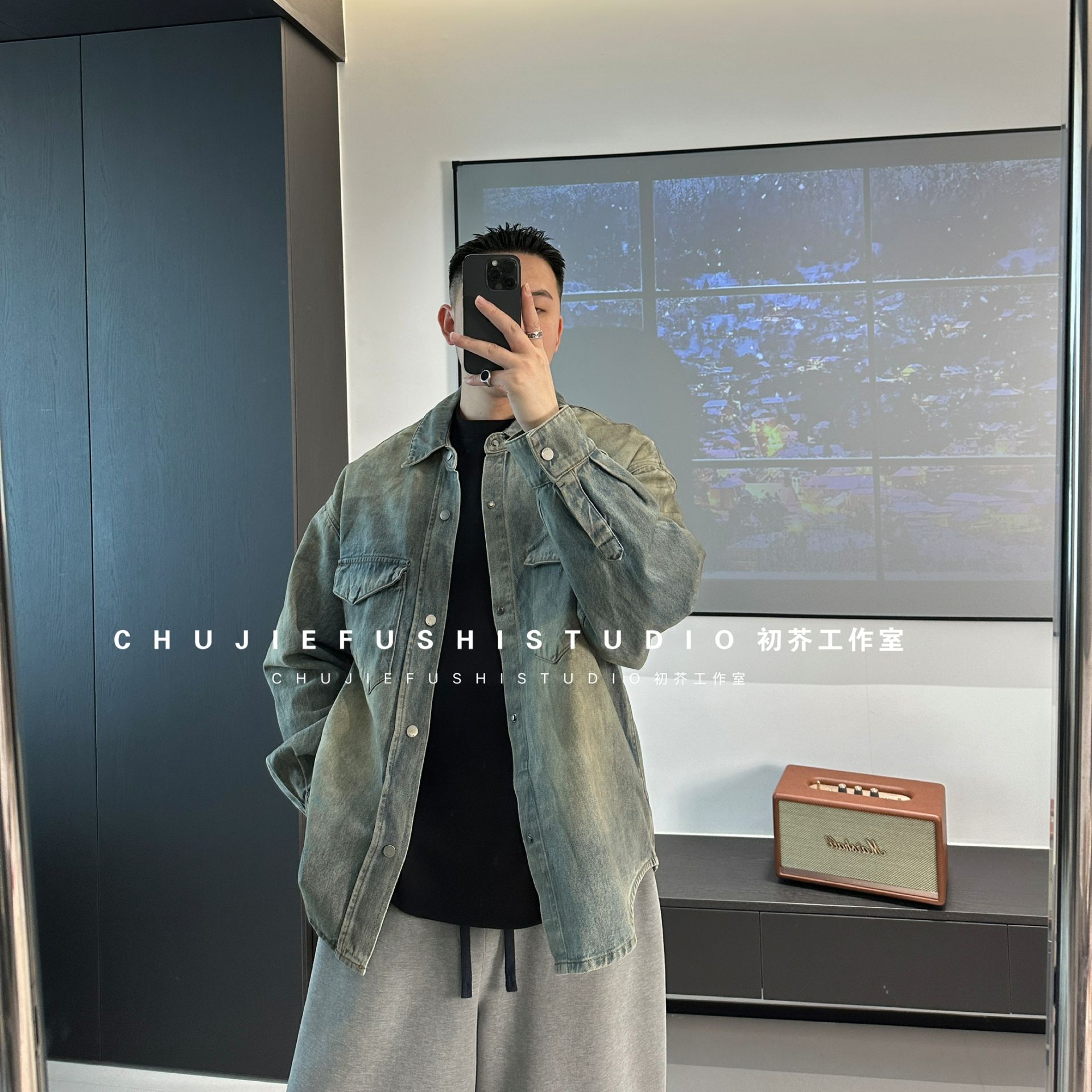 CHUJIE韩版时尚复古水洗做旧廓形牛仔潮流外套