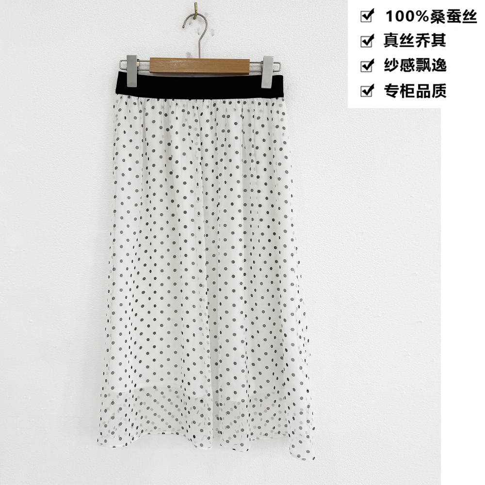100桑蚕丝真丝乔其半身白裙墨点印花垂感半身裙真丝半身裙BQA12