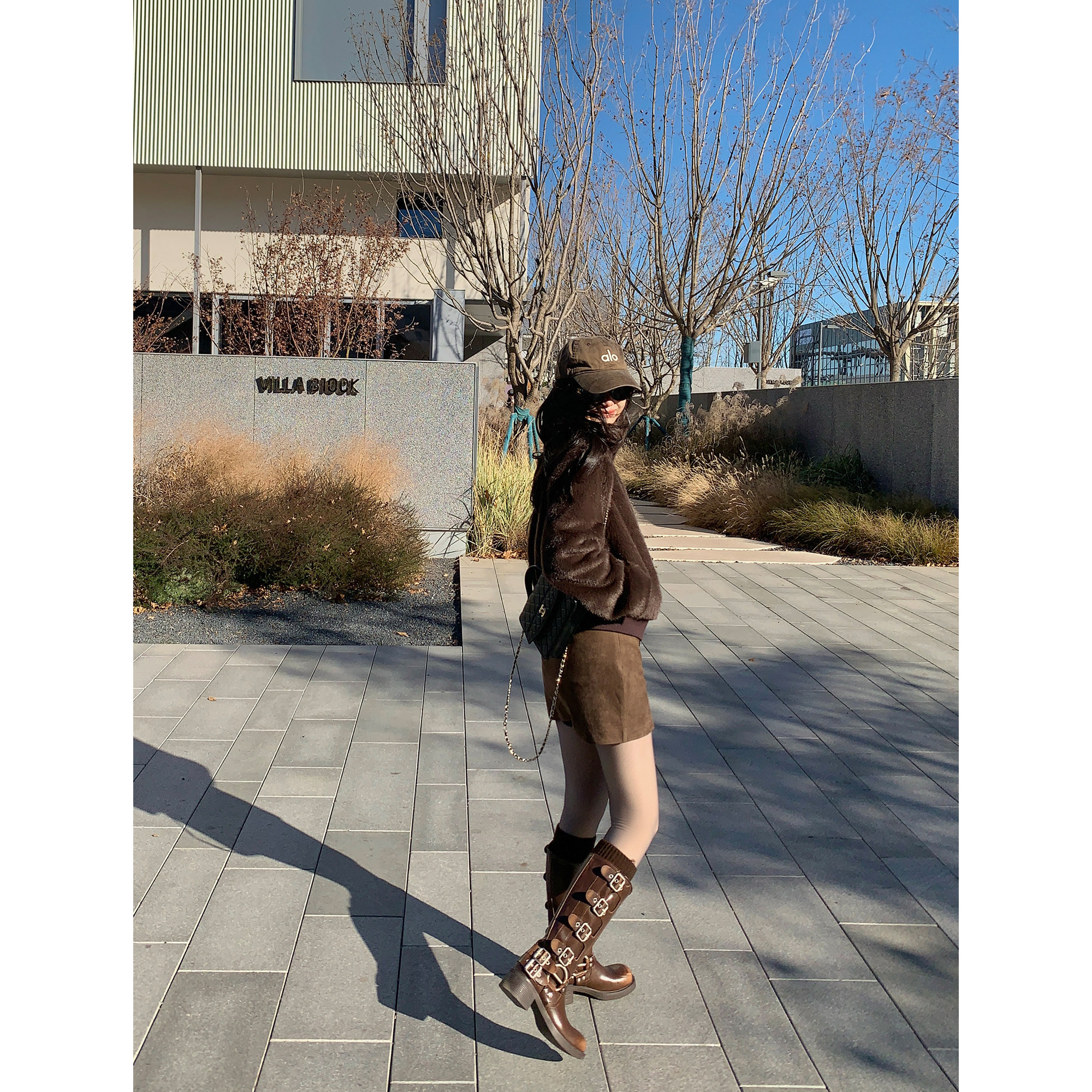 pusumede低调吸睛 咖色复古麂皮半身裙女秋冬可拆腰带百搭a字短裙