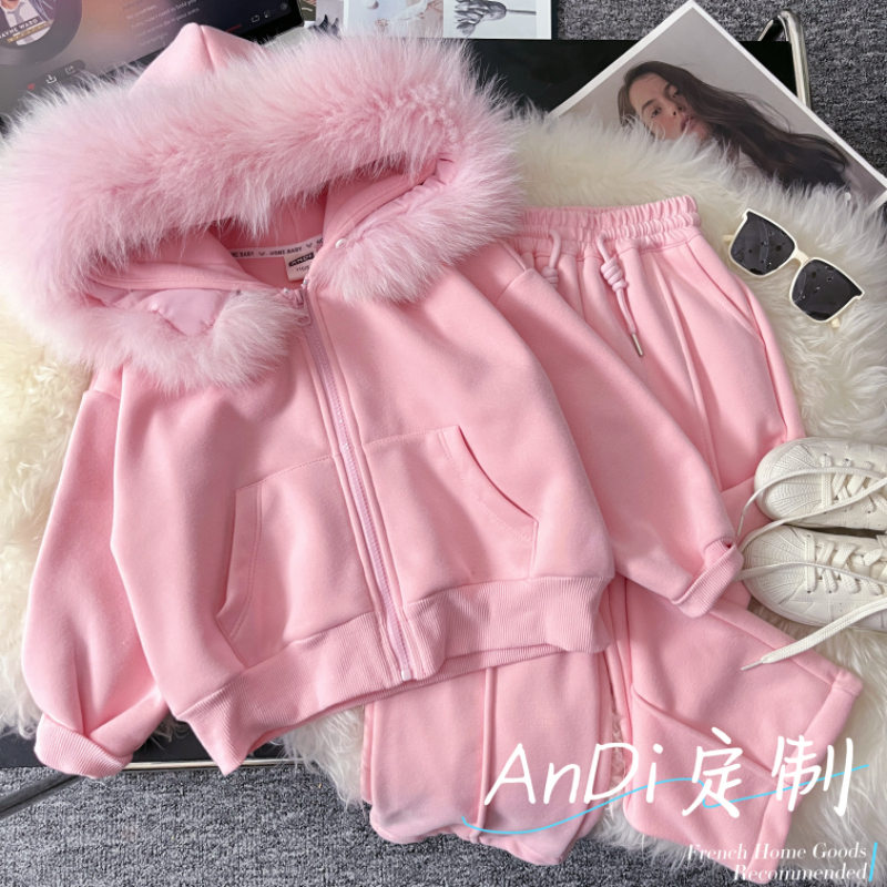 〖ANDI〗安迪秋冬季新款中大童女童简约高级毛领加绒套装5348