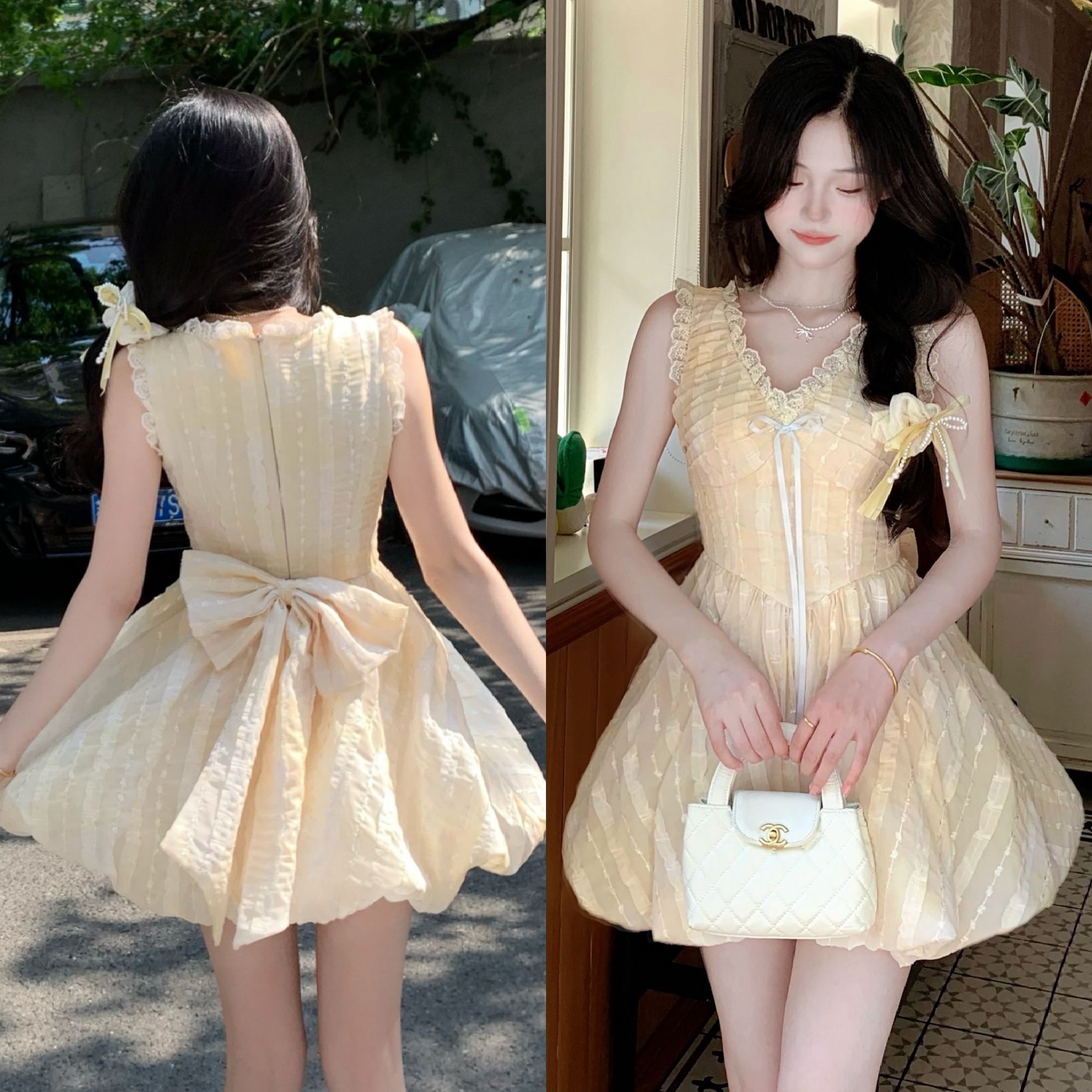 Blovelan奶油花蕾 纯欲奶甜黄色气质V领收腰蓬蓬花苞连衣裙