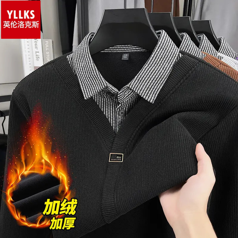 【重磅加绒加厚】冬季男士保暖衬衫领假两件休闲amicus男士正肩毛衣