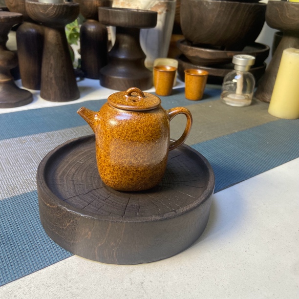 侘寂风香樟木火烧碳化复古家用日式干泡盘壶承盘