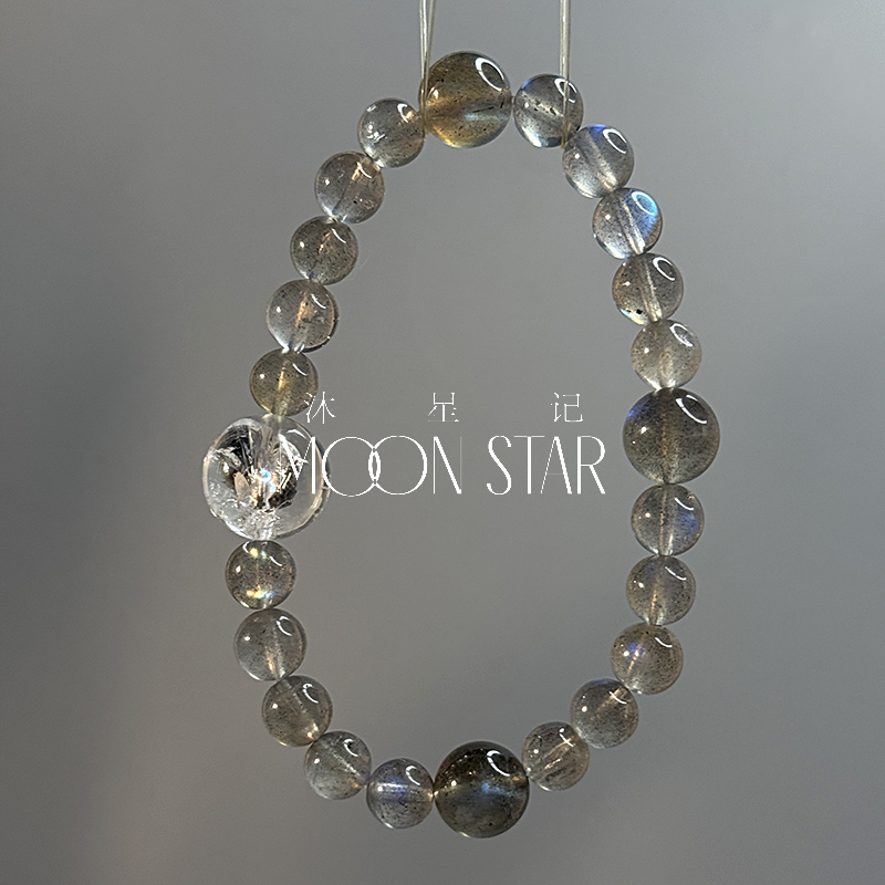 【含光】透体灰月光石配天然火彩白阿赛（灰月光石材质为非水晶）