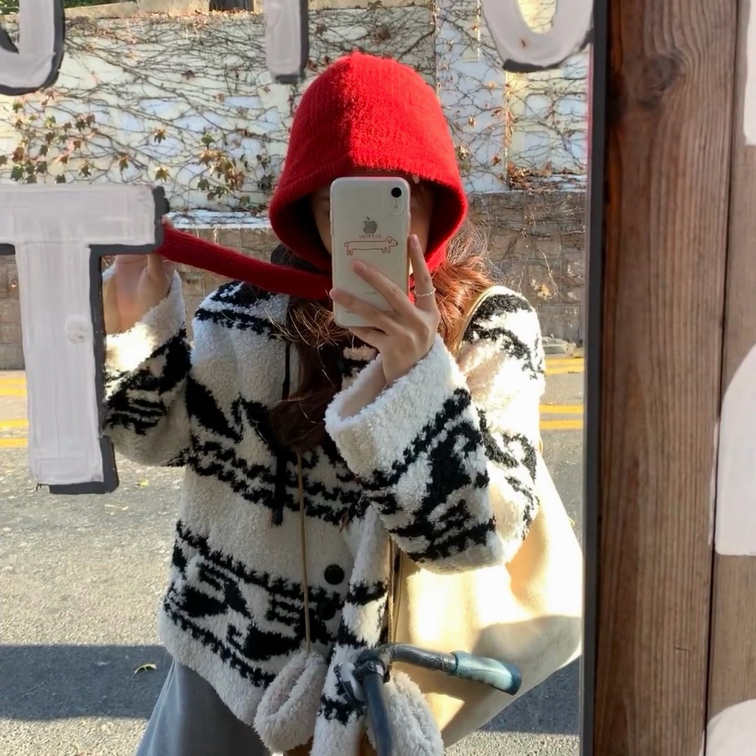 【珊瑚海】Y韩风费尔岛提花珊瑚绒连帽外套百搭显瘦氛围感毛衣外套