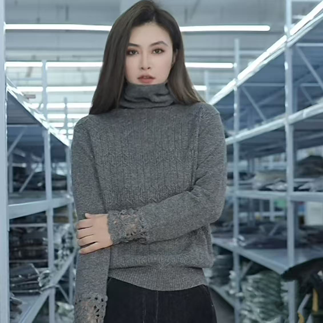 冬季新款韩版时尚洋气堆堆领提花镂空气质百搭针织衫B082#