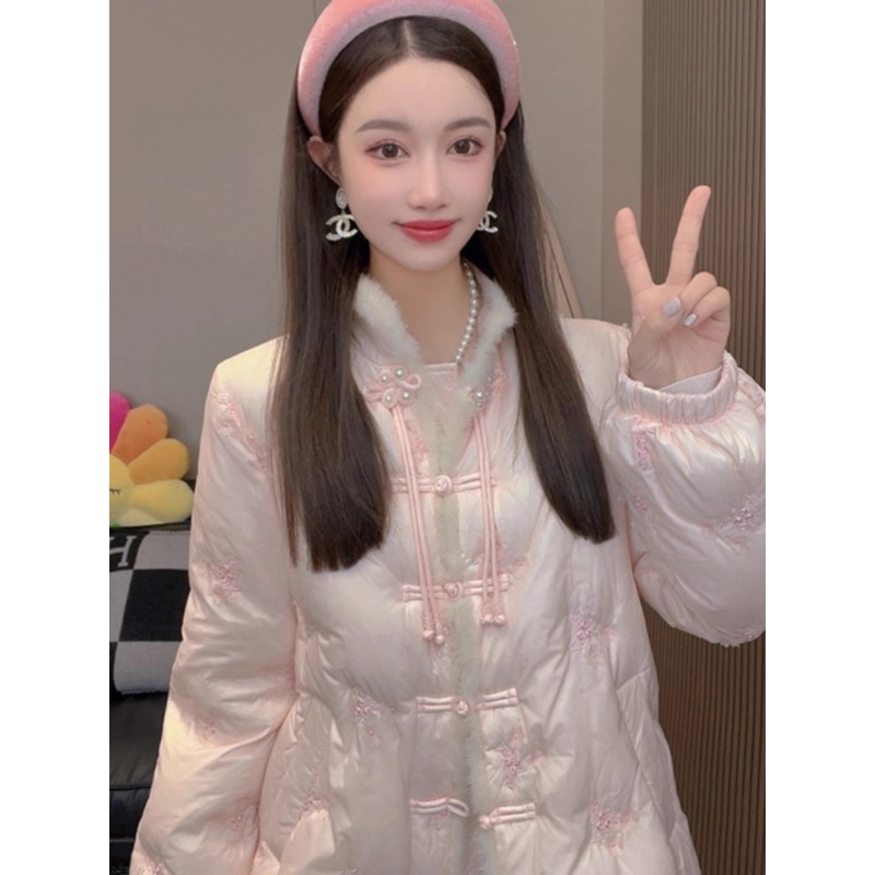 YBN8647秋冬季新中式国风粉色棉服外套女新款高级感小香风棉衣