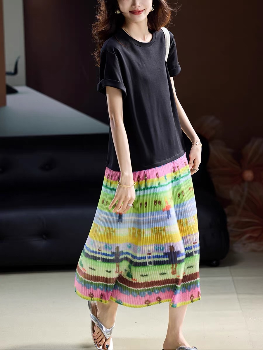 M3123 新款设计感小众卡通印花宽松拼接圆领连衣裙